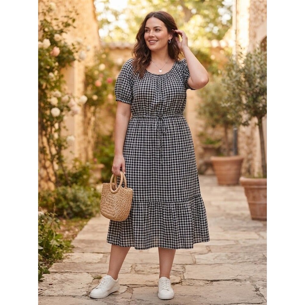 Lane Bryant Gingham Smocked Dress Black White Cotton Blend Size 14